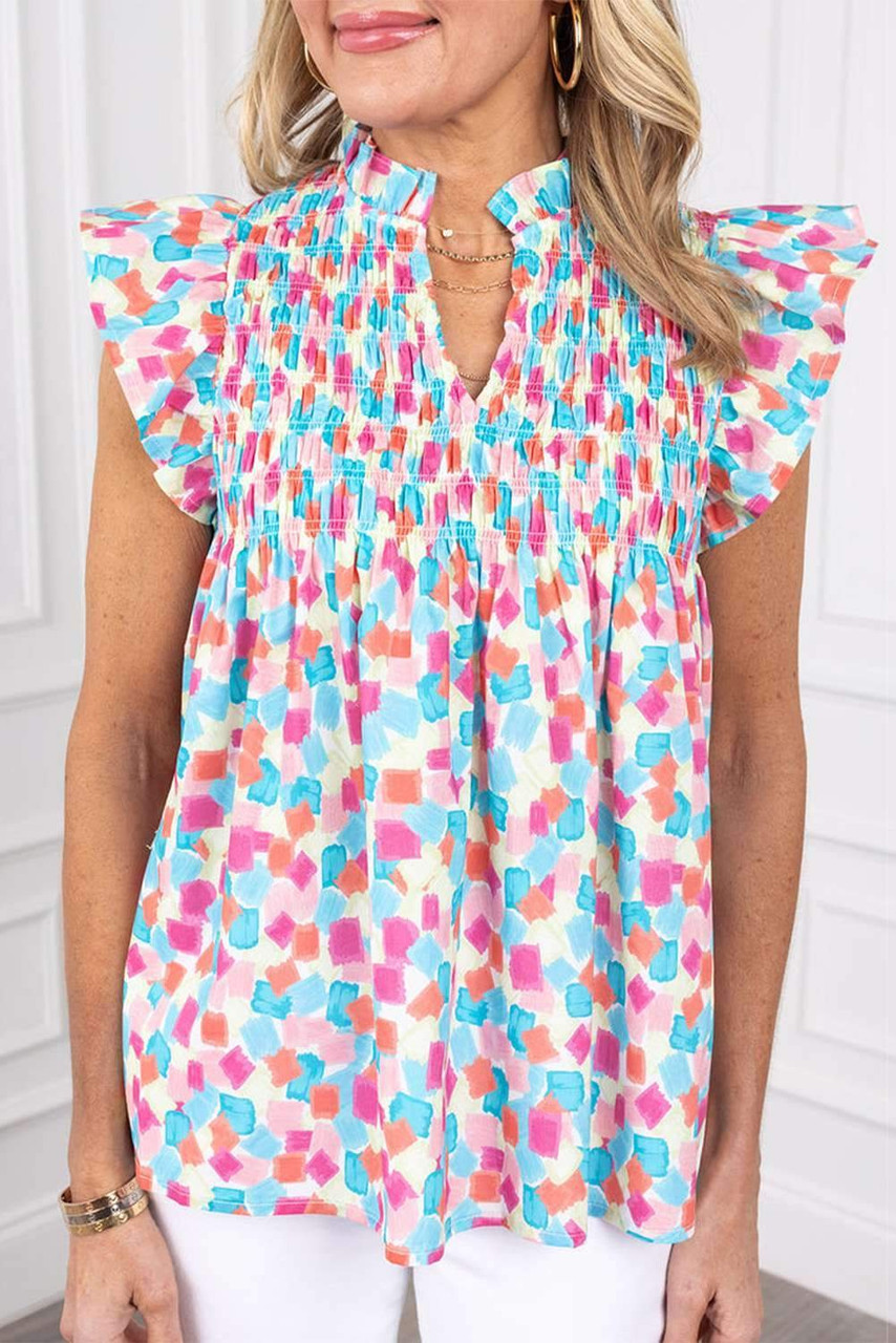 Sky Blue Shirred Yoke Ruffled Abstract Printed Blouse Sky Blue Shirred Yoke Ruffled Abstract Printed Blouse
