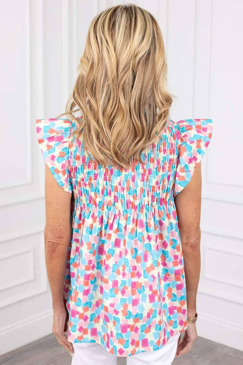 Sky Blue Shirred Yoke Ruffled Abstract Printed Blouse Sky Blue Shirred Yoke Ruffled Abstract Printed Blouse