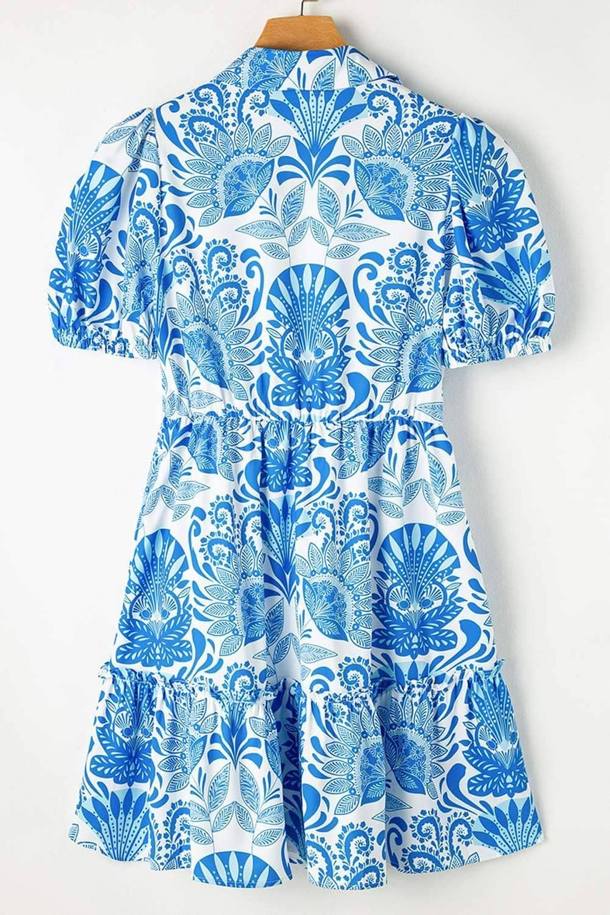 Sky Blue Retro Floral Print Drawstring Waist Ruffled Mini Dress Sky Blue Retro Floral Print Drawstring Waist Ruffled Mini Dress