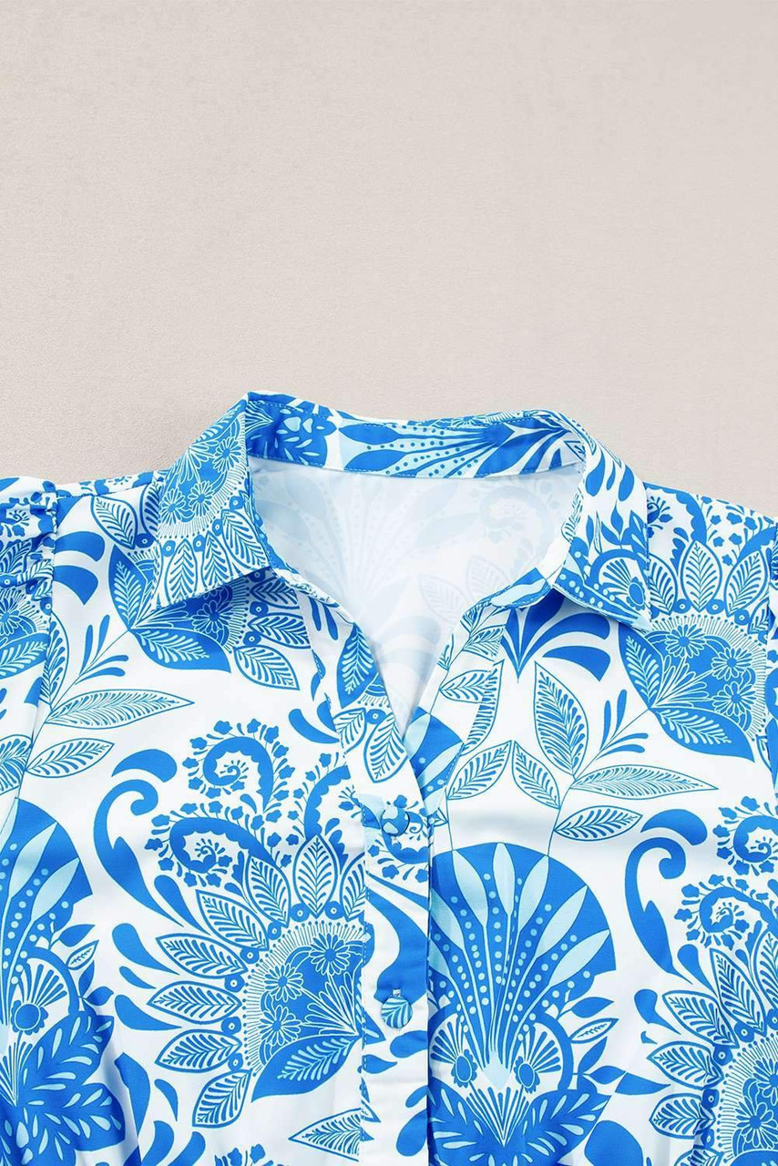 Sky Blue Retro Floral Print Drawstring Waist Ruffled Mini Dress Sky Blue Retro Floral Print Drawstring Waist Ruffled Mini Dress