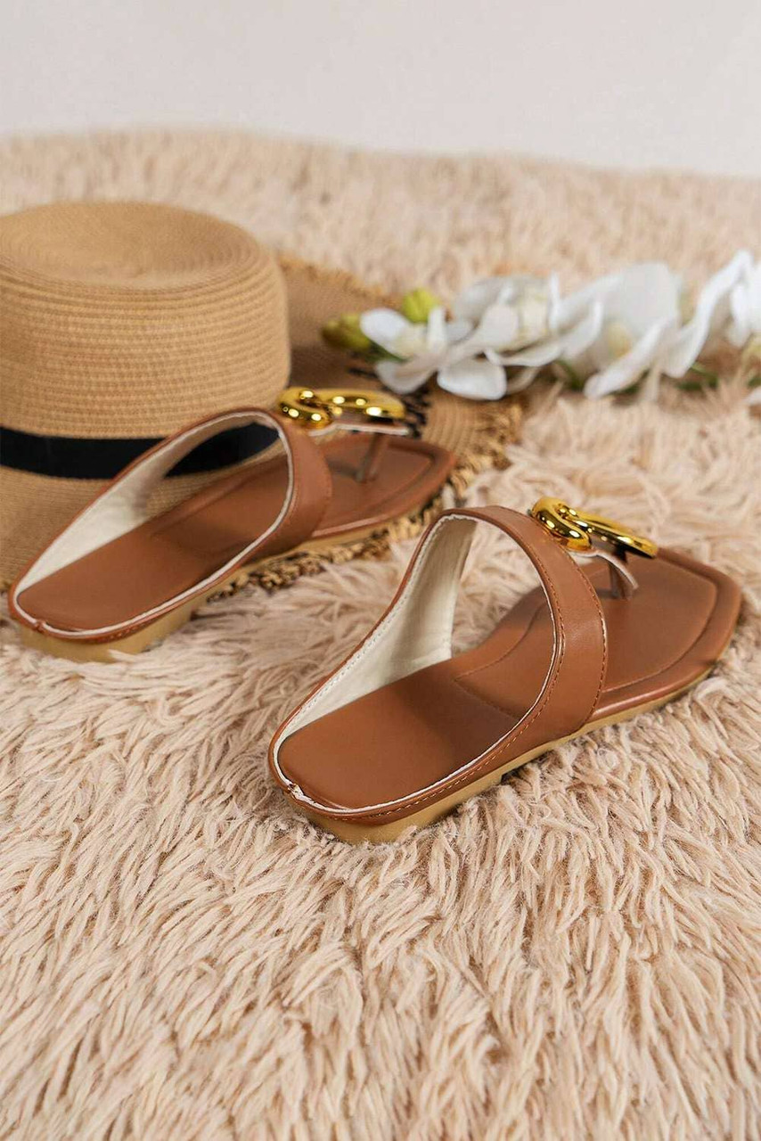 Brown Metal Rings Decor Square Toe Flat Slippers Brown Metal Rings Decor Square Toe Flat Slippers