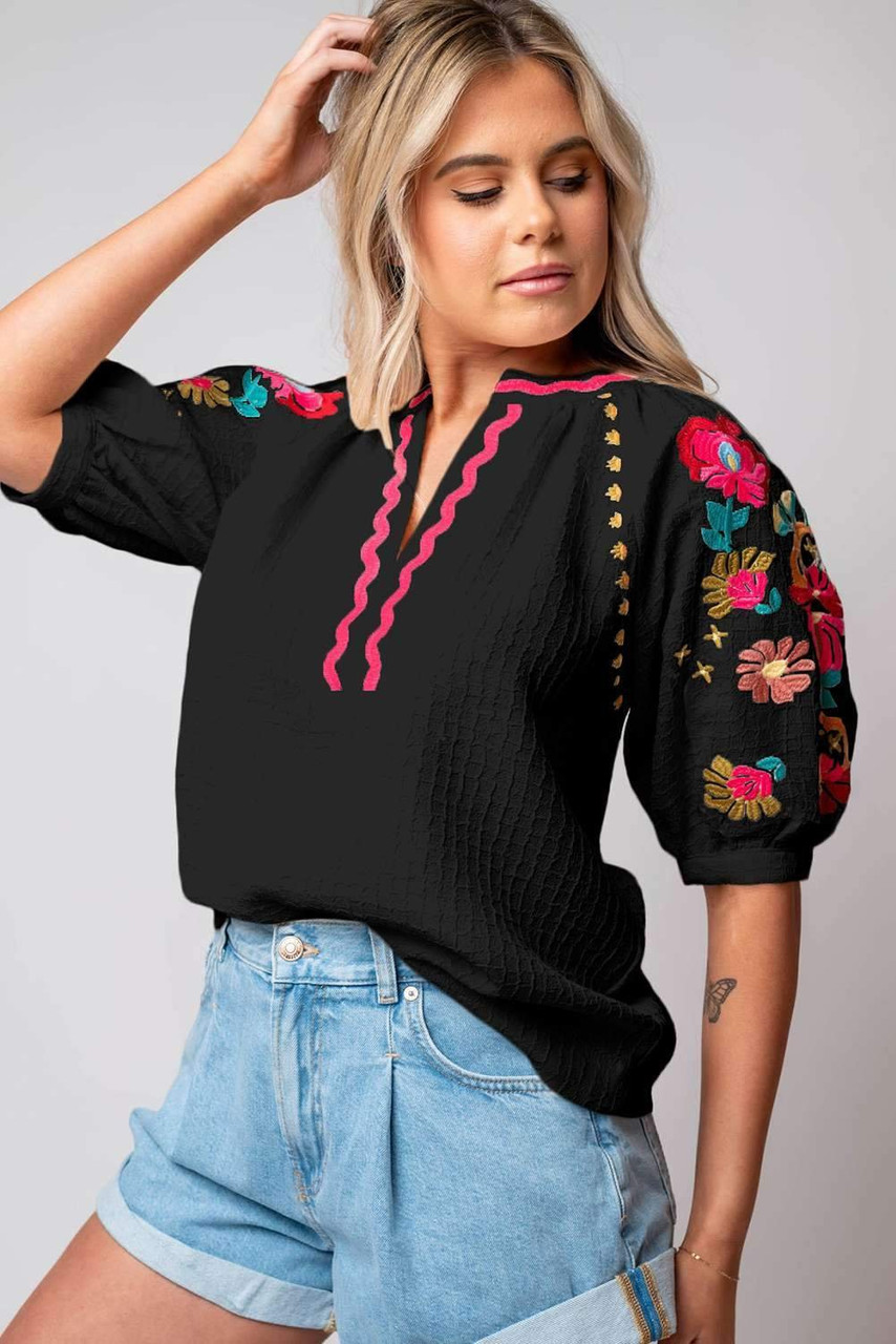 Black Floral Embroidered Ricrac Puff Sleeve Textured Blouse Black Floral Embroidered Ricrac Puff Sleeve Textured Blouse