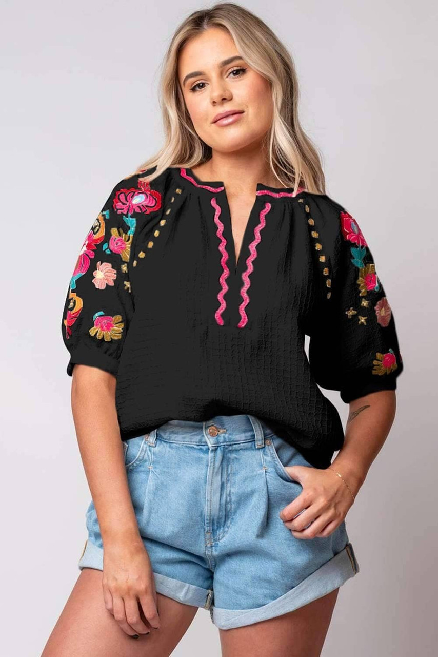 Black Floral Embroidered Ricrac Puff Sleeve Textured Blouse Black Floral Embroidered Ricrac Puff Sleeve Textured Blouse