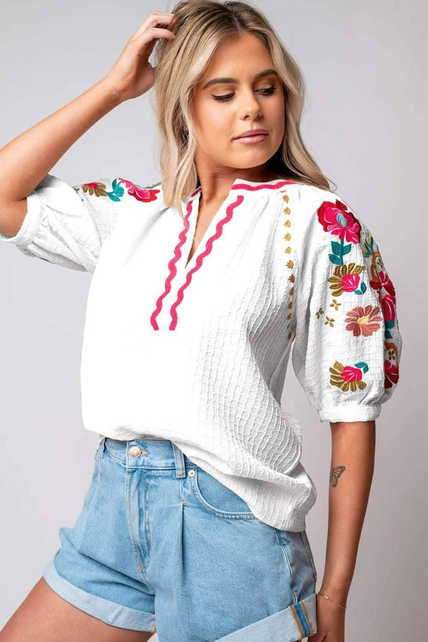 White Floral Embroidered Ricrac Puff Sleeve Textured Blouse White Floral Embroidered Ricrac Puff Sleeve Textured Blouse
