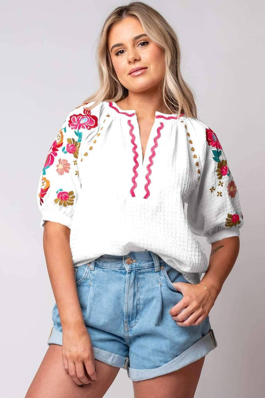 White Floral Embroidered Ricrac Puff Sleeve Textured Blouse White Floral Embroidered Ricrac Puff Sleeve Textured Blouse