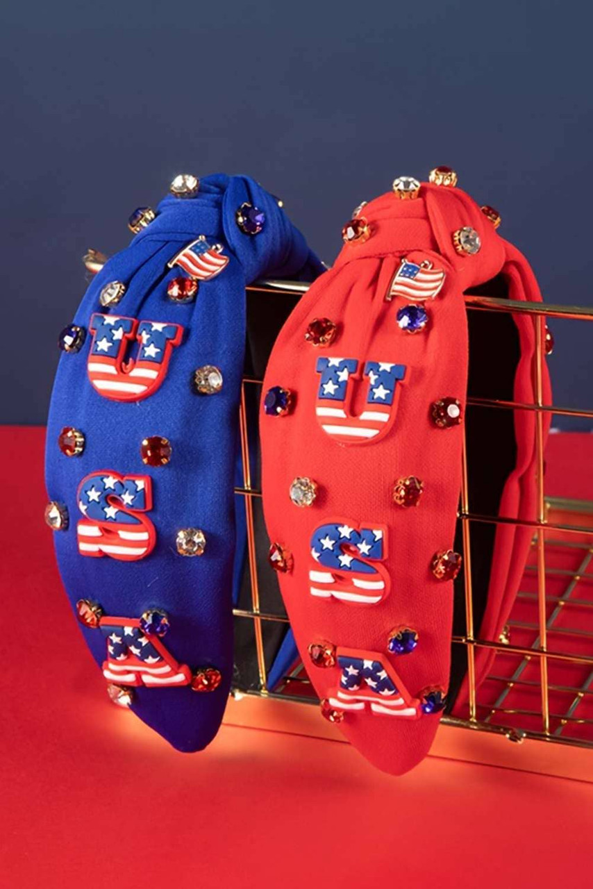 Fiery Red USA Flag Gemstone Decor Knotted Wide Headband