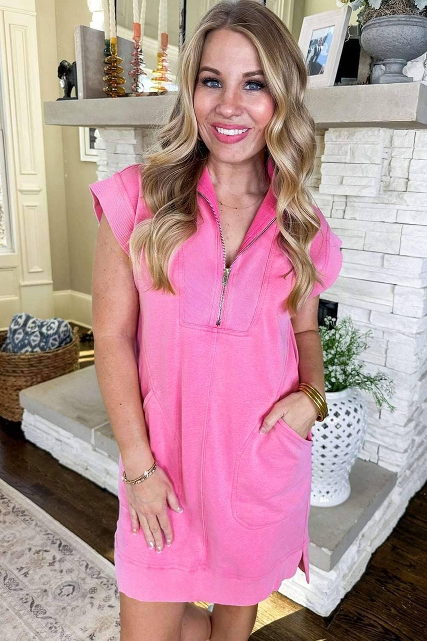 Bonbon Quarter Zip Pocketed Cap Sleeve Sweatshirt Dress