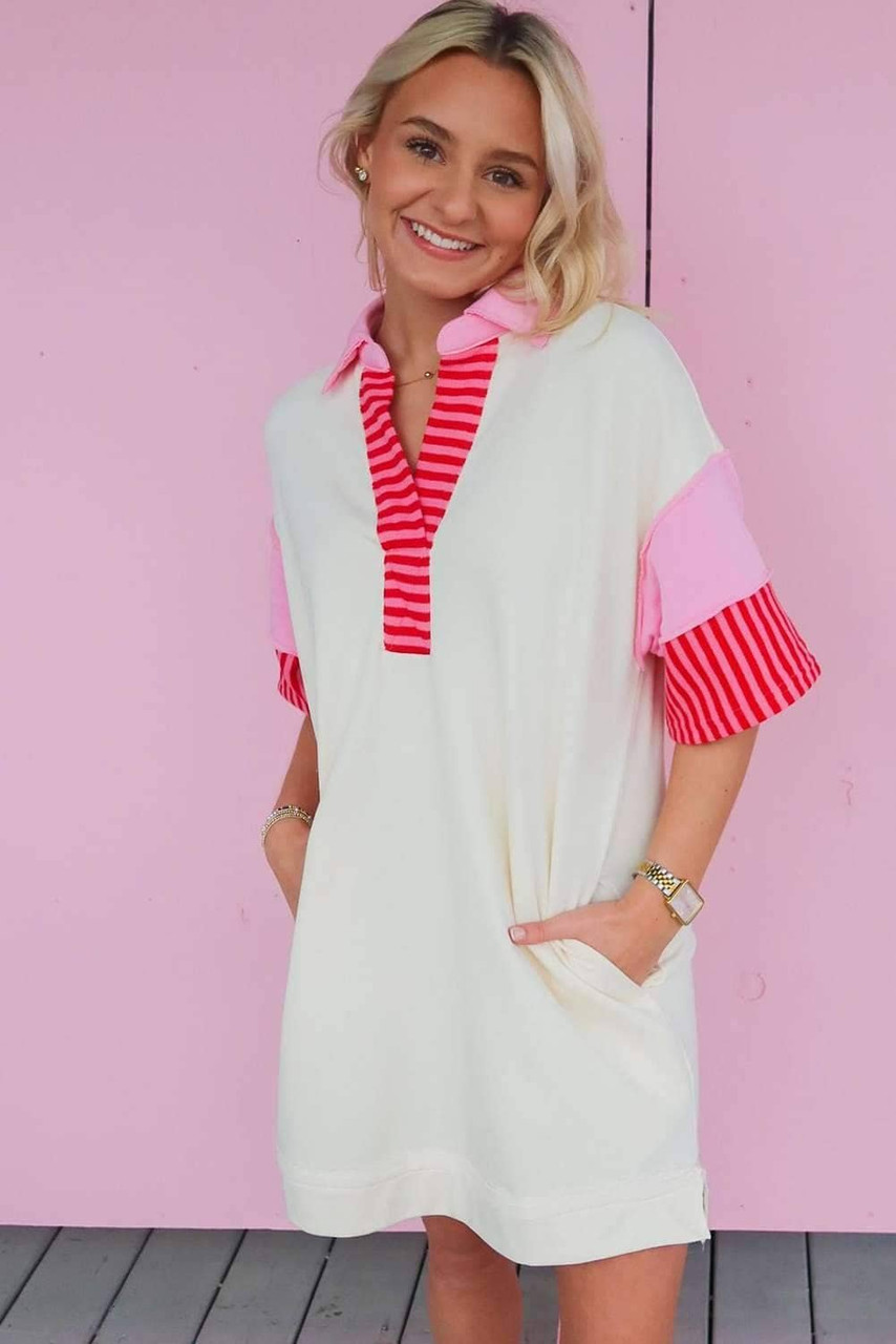White Stripe Colorblock Patchwork Short Sleeve T Shirt Dress