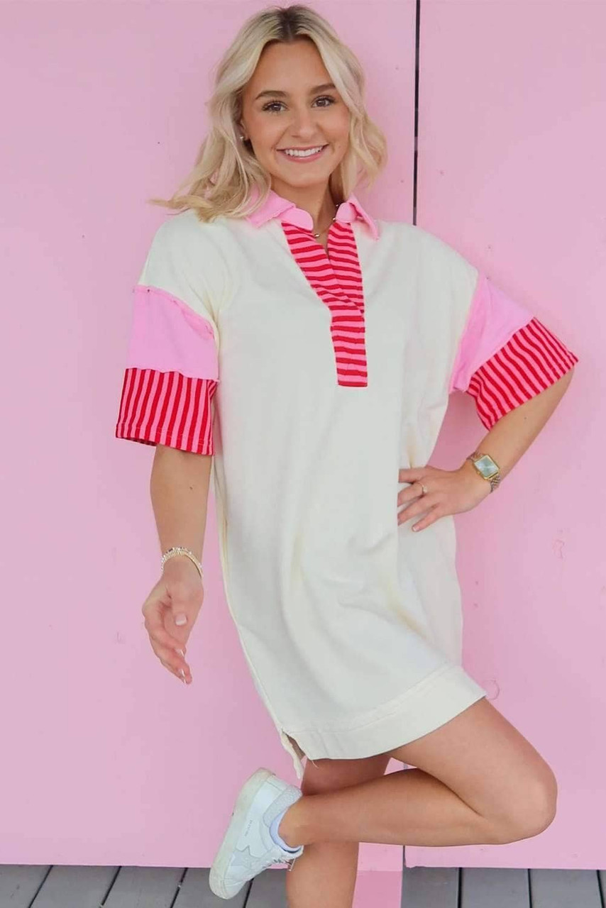 White Stripe Colorblock Patchwork Short Sleeve T Shirt Dress