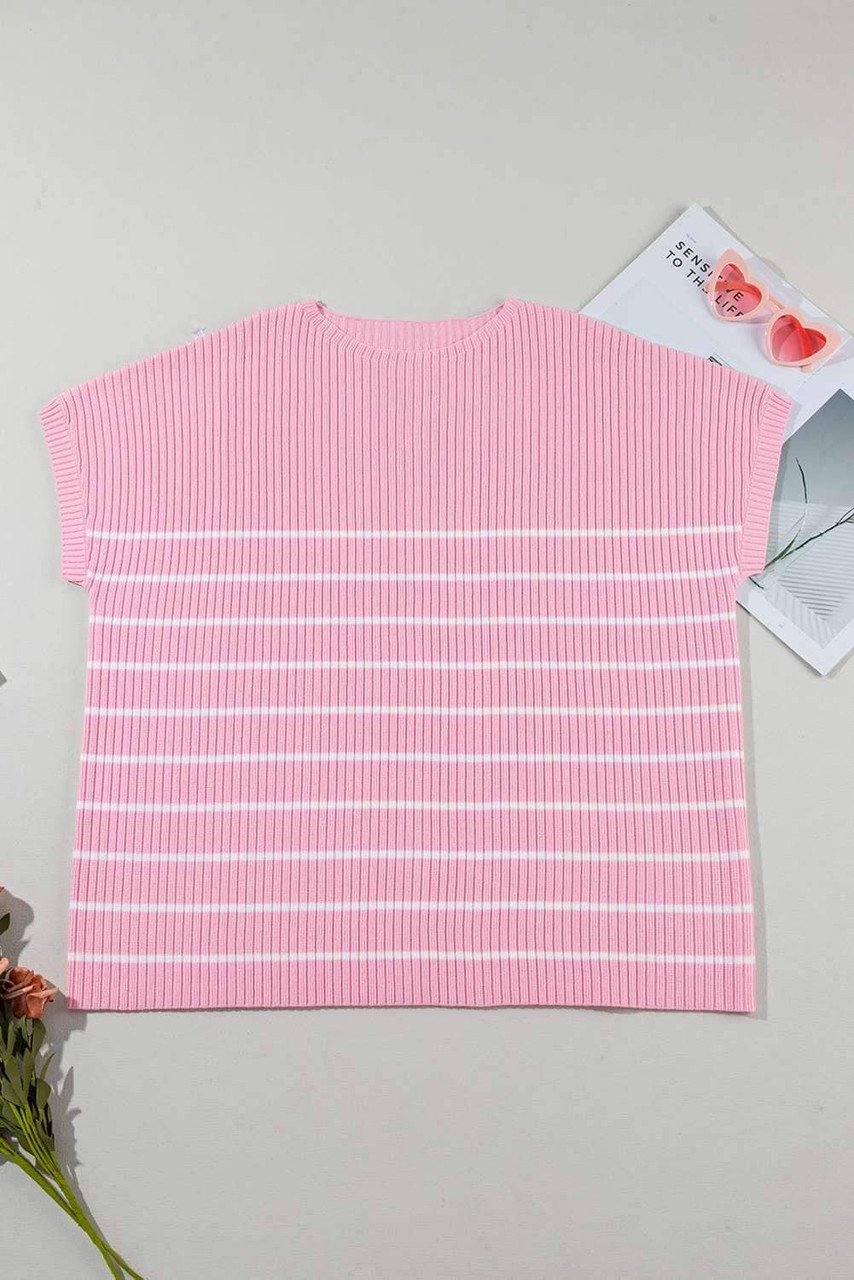 Pink Stripe Ribbed Loose Plus T Shirt