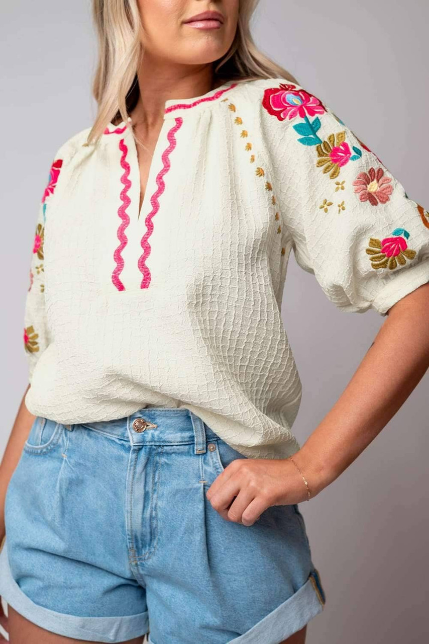 Beige Floral Embroidered Ricrac Puff Sleeve Textured Blouse Beige Floral Embroidered Ricrac Puff Sleeve Textured Blouse