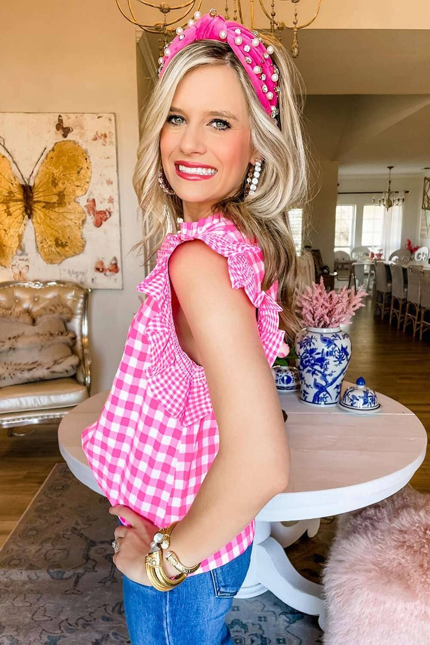 Rose Red Checkered Ruffled Sleeve Frilled Neck Blouse Rose Red Checkered Ruffled Sleeve Frilled Neck Blouse