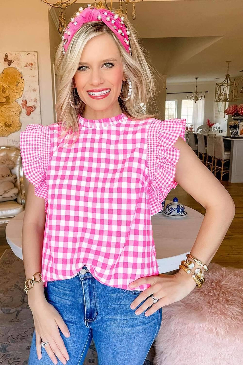 Rose Red Checkered Ruffled Sleeve Frilled Neck Blouse Rose Red Checkered Ruffled Sleeve Frilled Neck Blouse