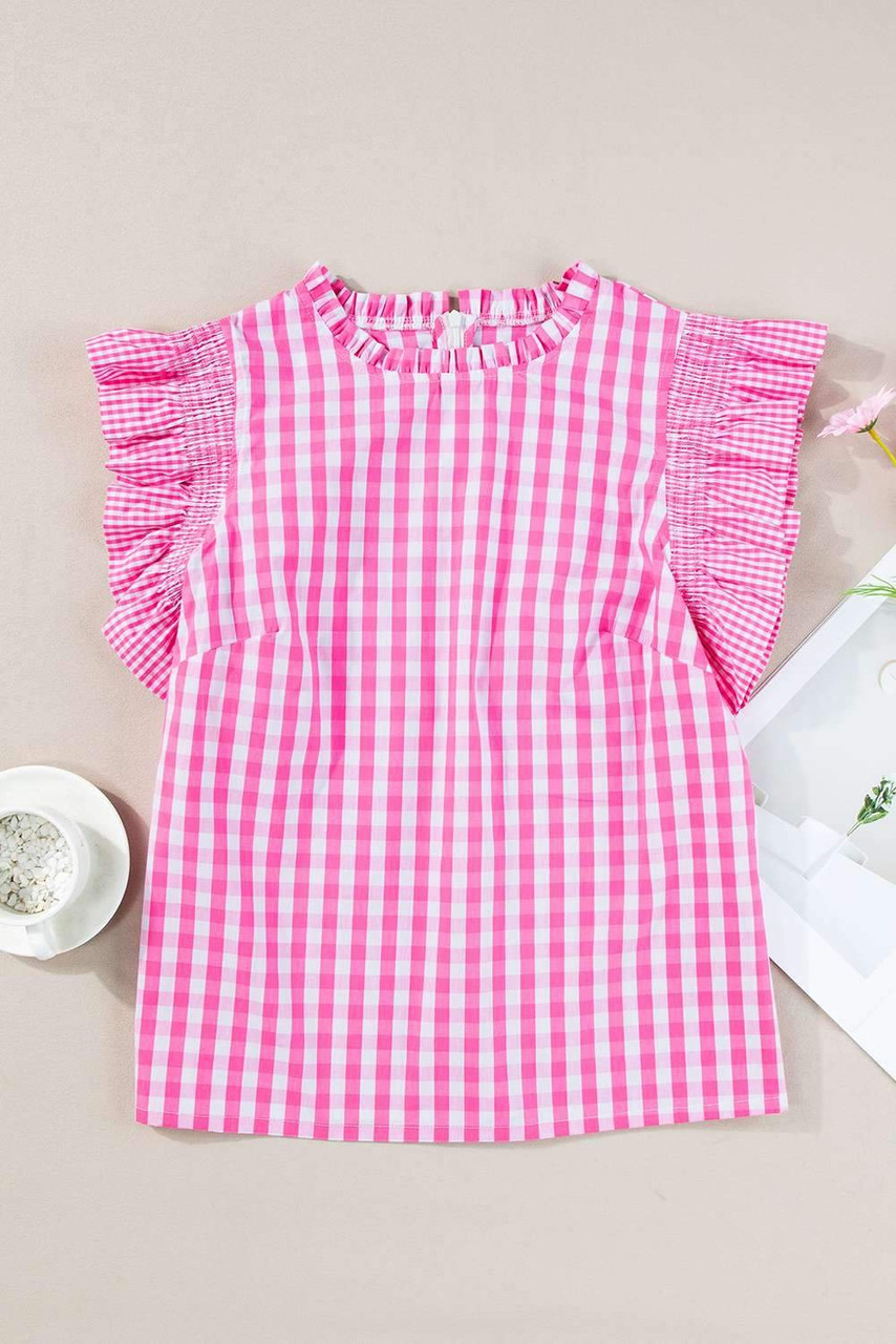 Rose Red Checkered Ruffled Sleeve Frilled Neck Blouse Rose Red Checkered Ruffled Sleeve Frilled Neck Blouse