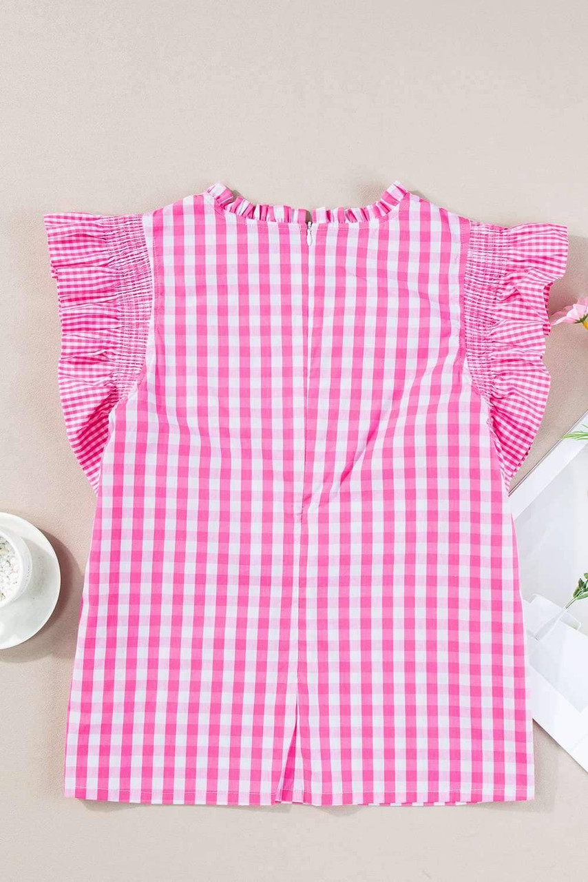Rose Red Checkered Ruffled Sleeve Frilled Neck Blouse Rose Red Checkered Ruffled Sleeve Frilled Neck Blouse