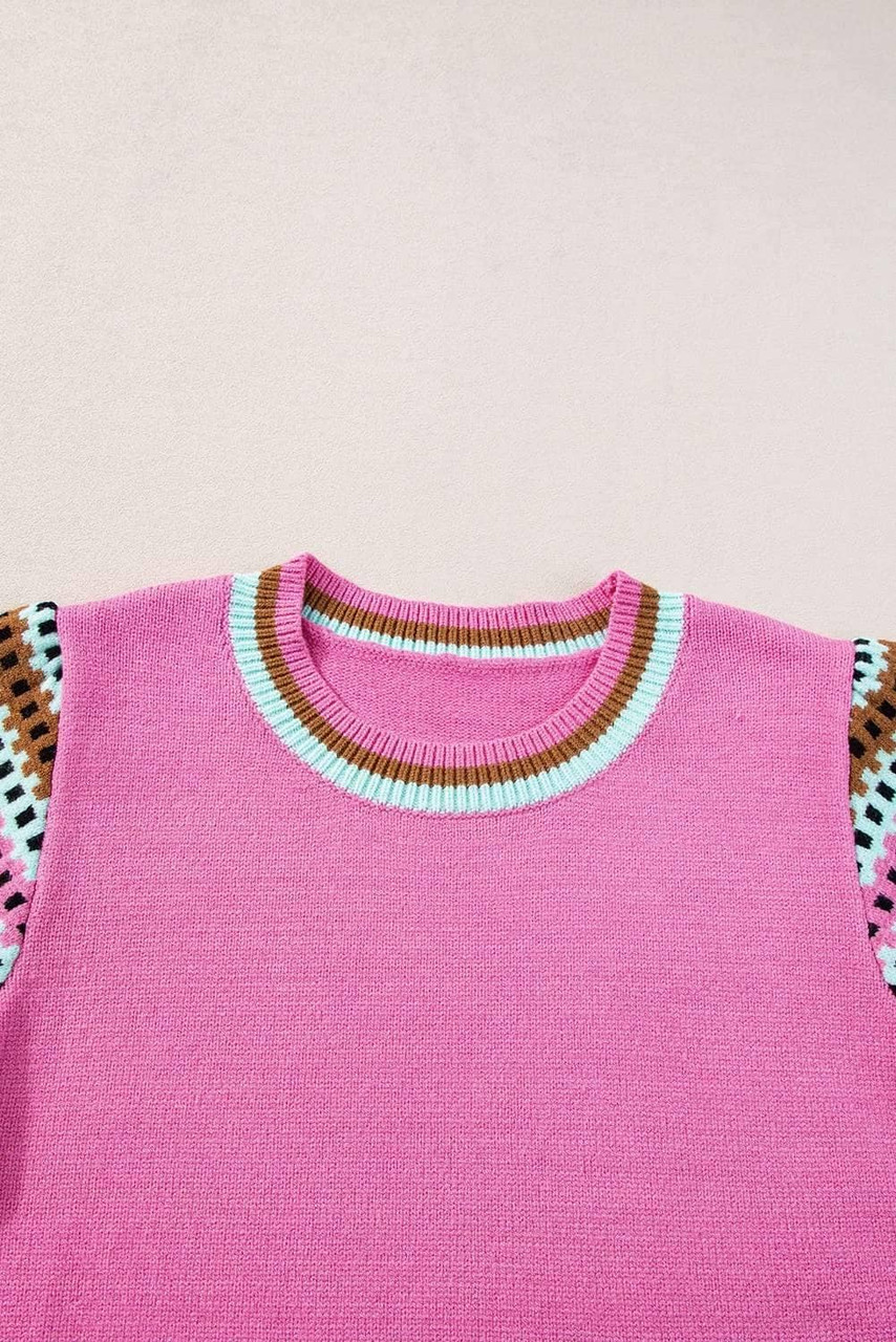Bright Pink Contrast Printed Cap Sleeves Crewneck Sweater