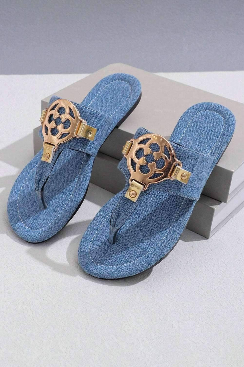 Dusk Blue Metal Décor Leather Thong Slippers Dusk Blue Metal Décor Leather Thong Slippers