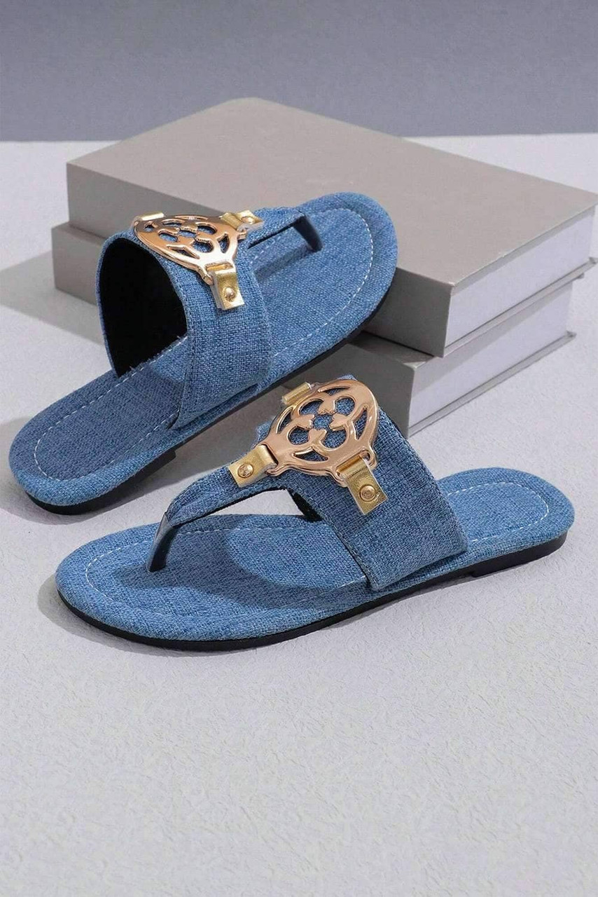 Dusk Blue Metal Décor Leather Thong Slippers Dusk Blue Metal Décor Leather Thong Slippers