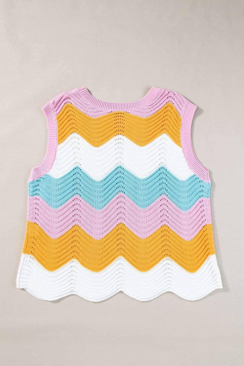 Multicolour Striped Colorblock Scalloped Hem Knitted Vest