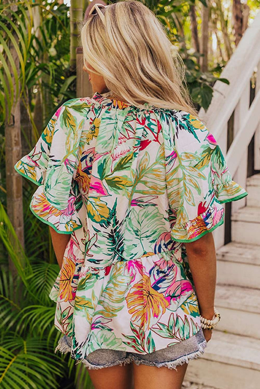 White Tropical Floral Print Ruffled Short Sleeve Blouse White Tropical Floral Print Ruffled Short Sleeve Blouse