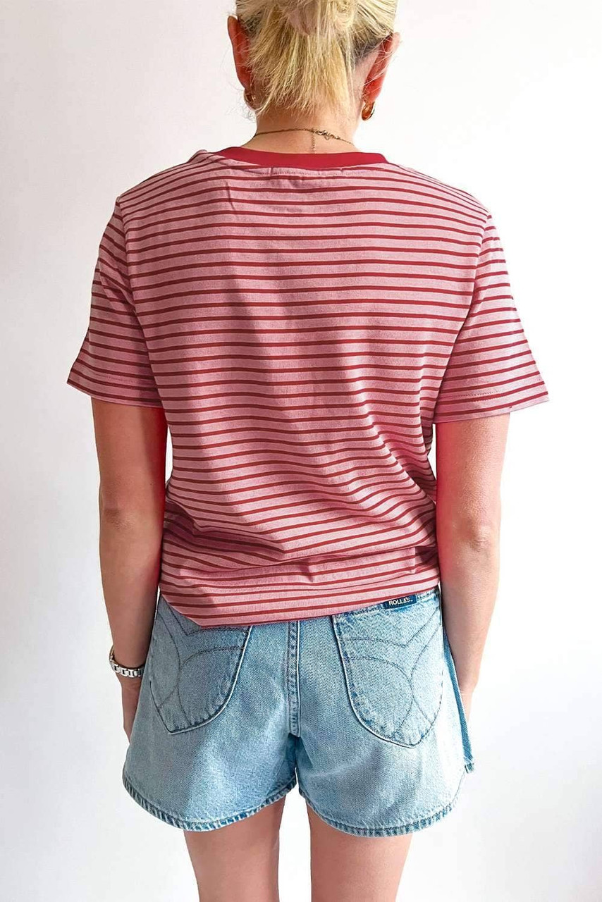 Pink Stripe Crew Neck Casual T Shirt Pink Stripe Crew Neck Casual T Shirt
