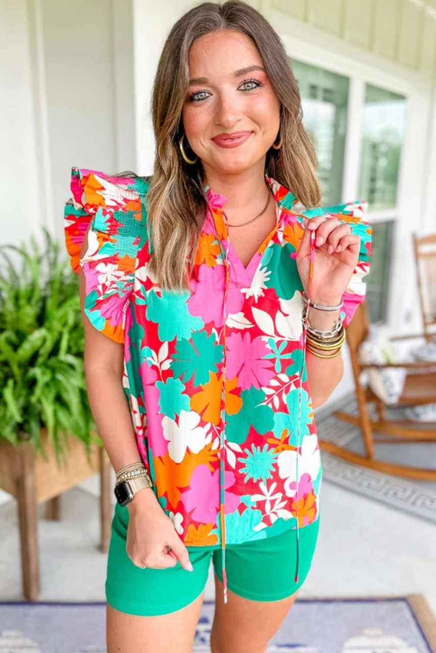 Green Floral Tie Split Neck Ruffle Trim Blouse Green Floral Tie Split Neck Ruffle Trim Blouse