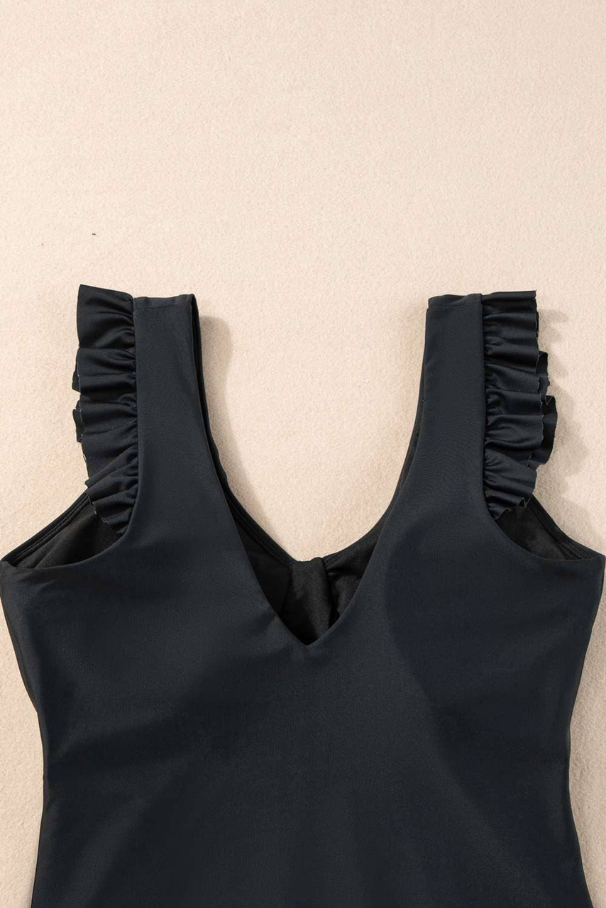 Black Ruffled Trim Ruched One Piece Bathing Suit Black Ruffled Trim Ruched One Piece Bathing Suit