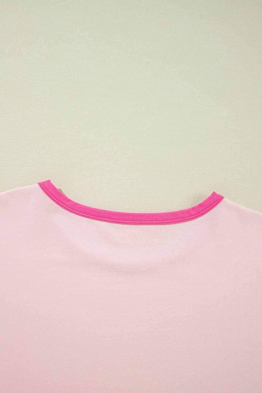 Pink Color Block Stitching Sleeve Round Neck Oversize Top