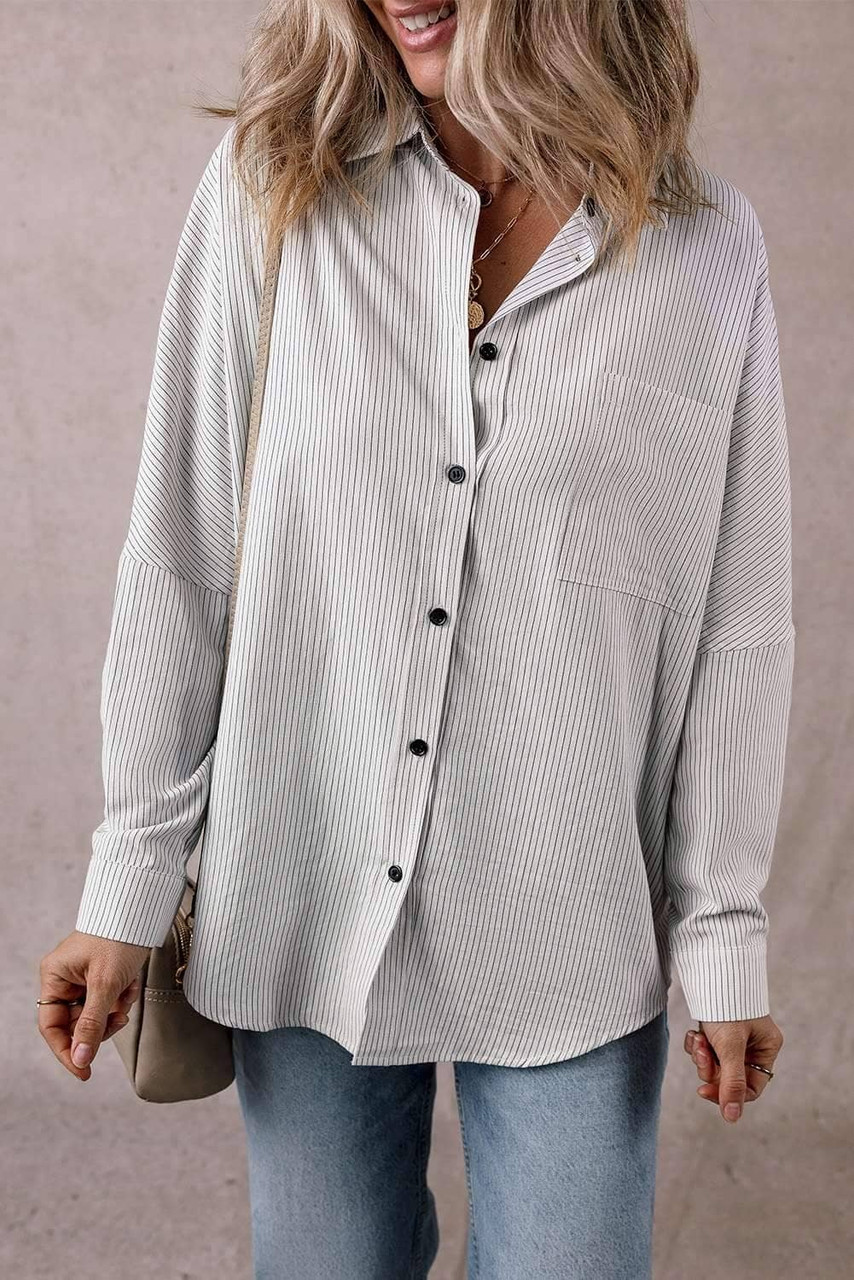 Black Stripe Roll-tab Sleeve Pocketed Long Shirt Black Stripe Roll-tab Sleeve Pocketed Long Shirt