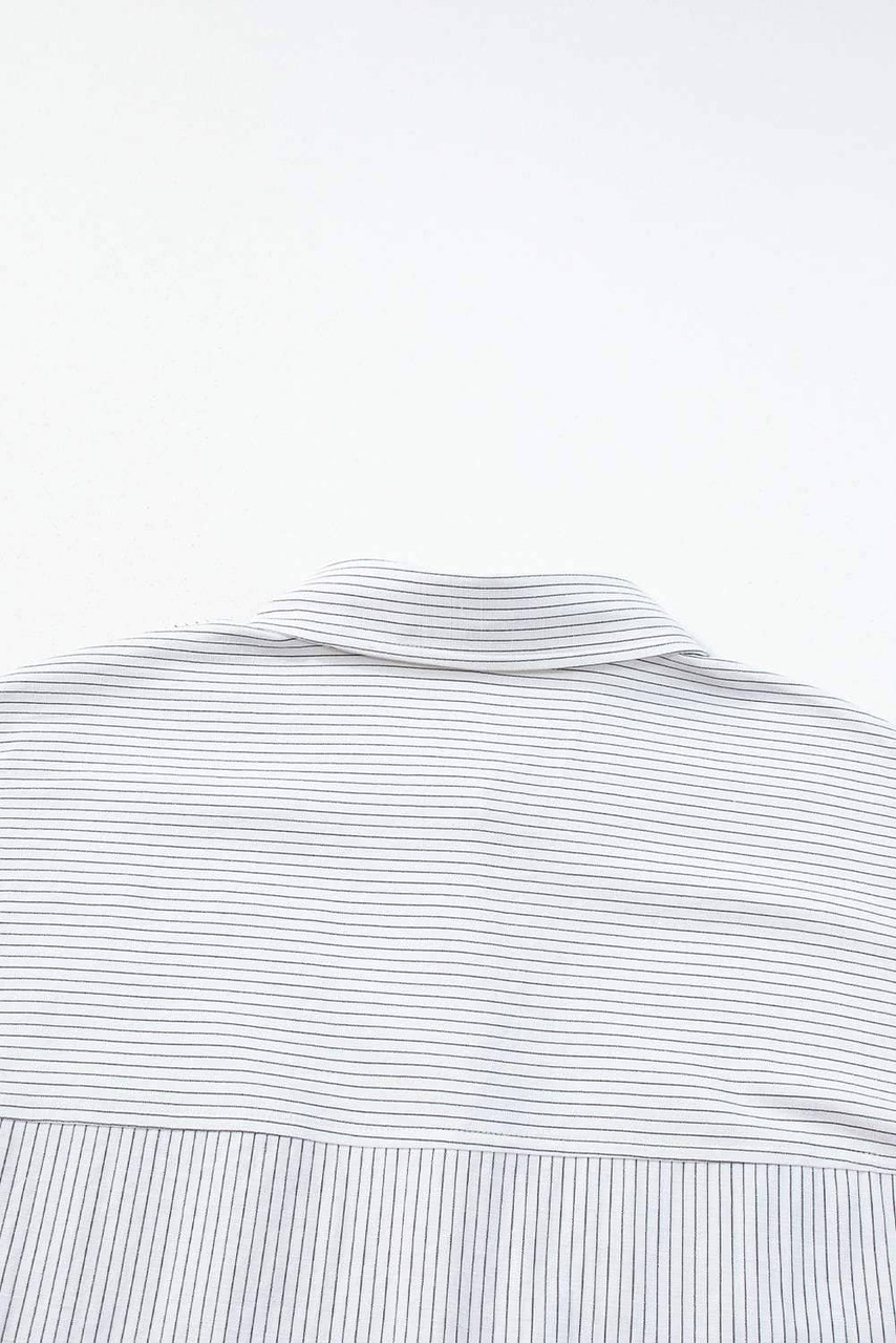 Black Stripe Roll-tab Sleeve Pocketed Long Shirt Black Stripe Roll-tab Sleeve Pocketed Long Shirt