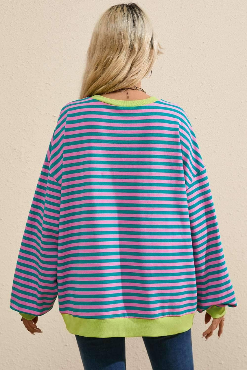 Green Stripe Oversized Contrast Trim Pullover Sweatshirt Green Stripe Oversized Contrast Trim Pullover Sweatshirt