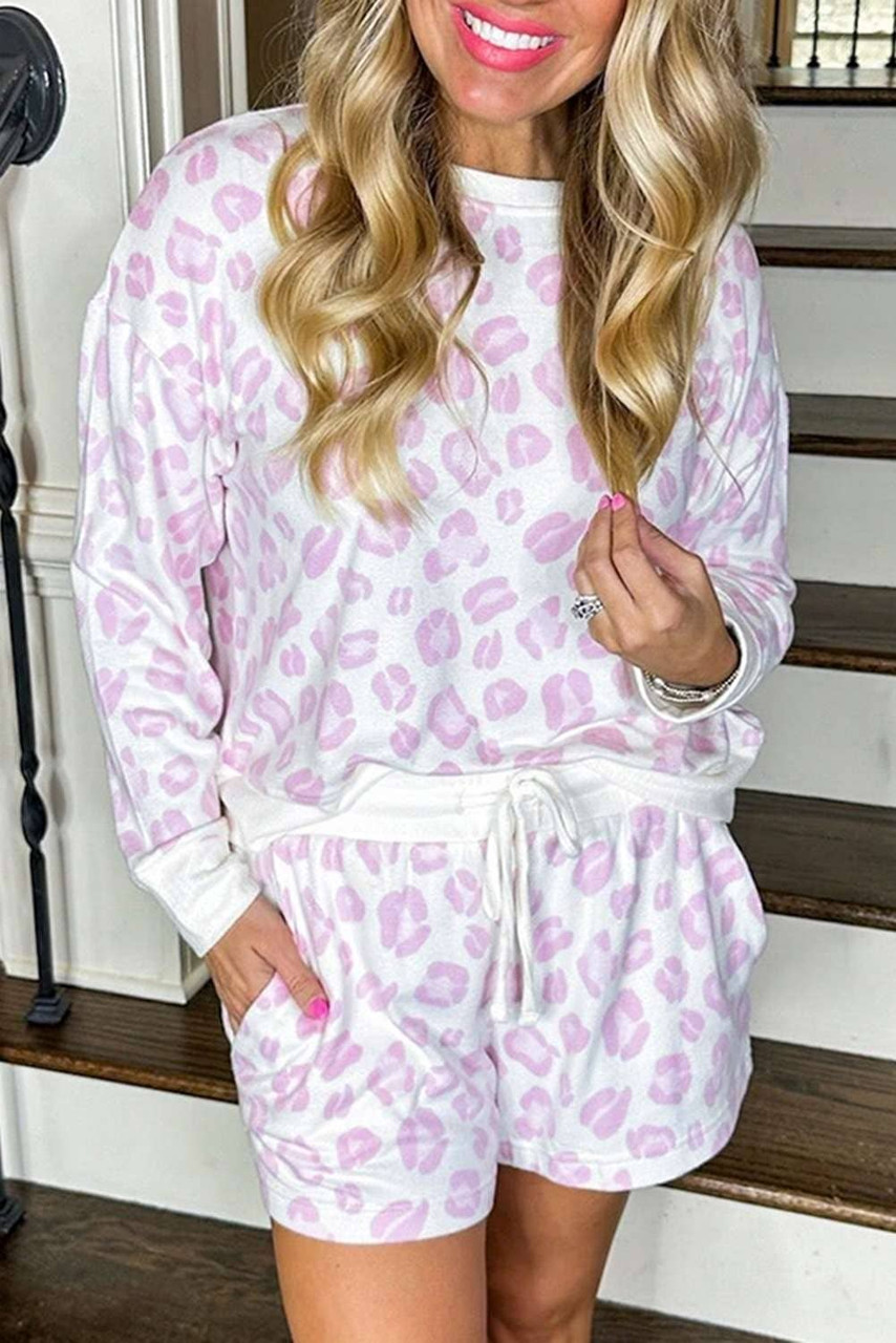 Pink Leopard Animal Print Pullover and Shorts Loungewear Pink Leopard Animal Print Pullover and Shorts Loungewear