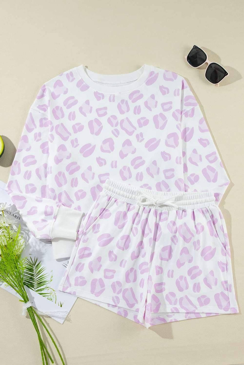 Pink Leopard Animal Print Pullover and Shorts Loungewear Pink Leopard Animal Print Pullover and Shorts Loungewear