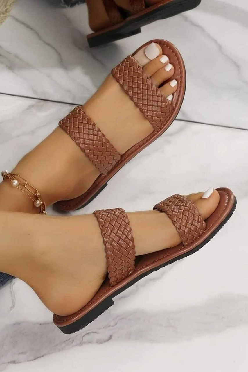 Chestnut Braided Double Band Leathered Flat Slippers Chestnut Braided Double Band Leathered Flat Slippers