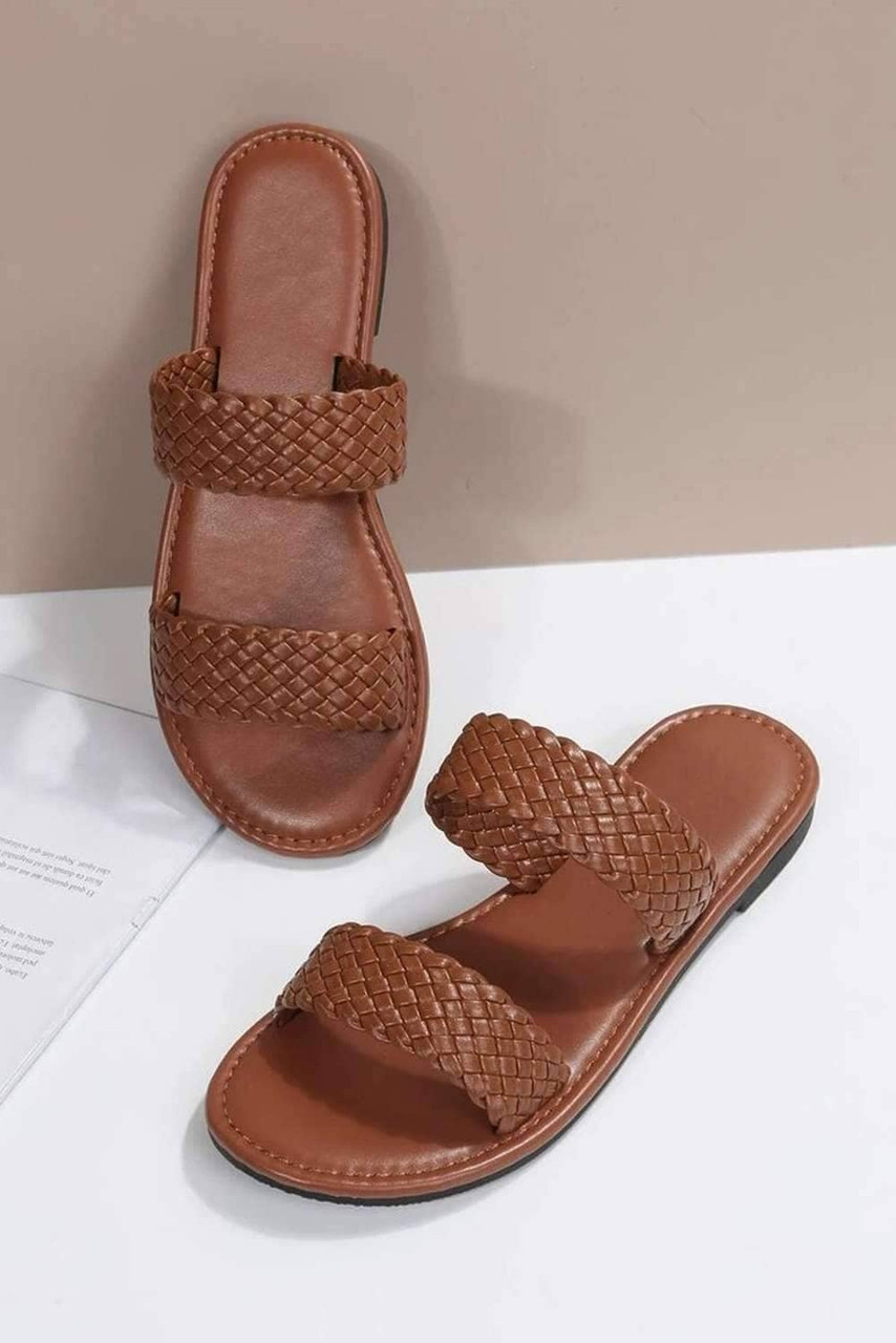 Chestnut Braided Double Band Leathered Flat Slippers Chestnut Braided Double Band Leathered Flat Slippers