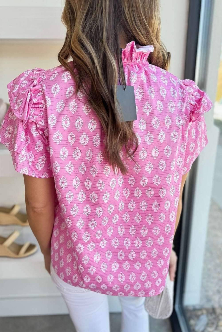 Pink Vintage Floral Ruffled Split Neck Short Sleeve Blouse Pink Vintage Floral Ruffled Split Neck Short Sleeve Blouse