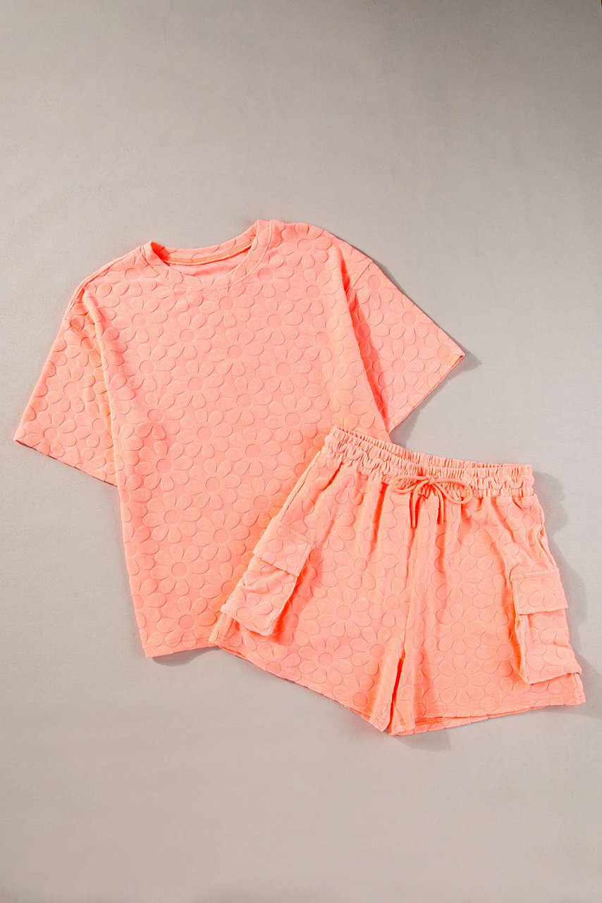 Grapefruit Orange Floral Textured Short Sleeve Top and Shorts Lounge Set