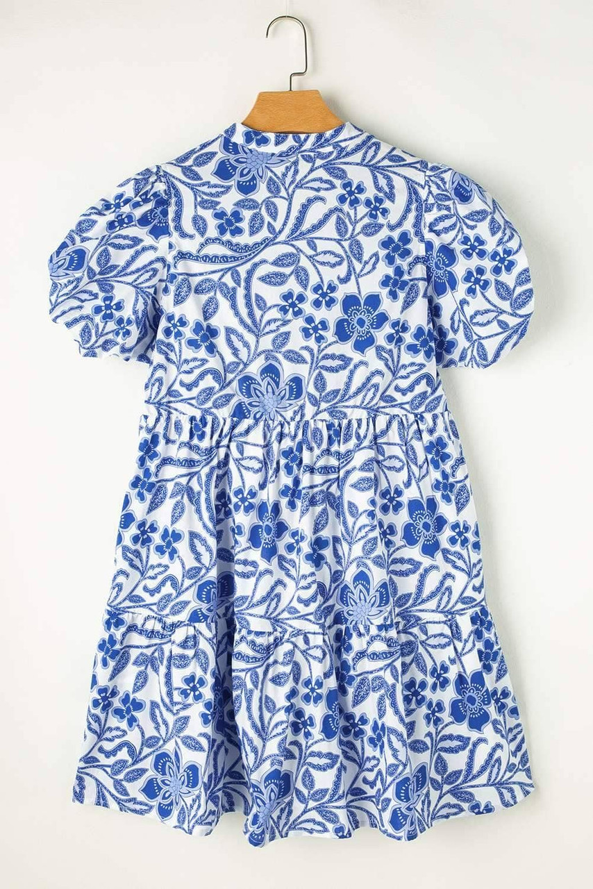 Blue Flower Print Puff Sleeve Tiered Dress