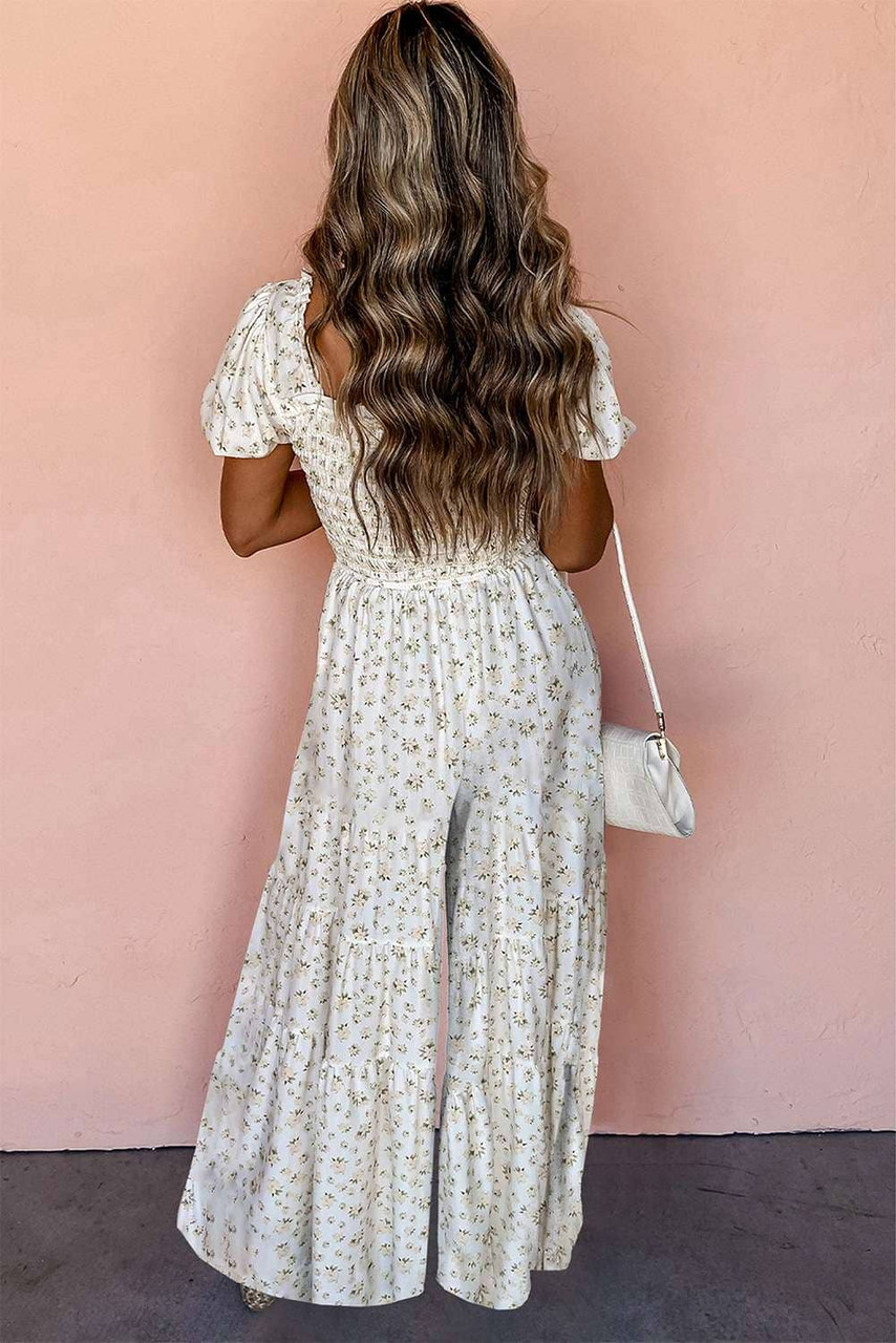 White Boho Floral Smocked Wide Leg Short Puff Sleeve Jumpsuit White Boho Floral Smocked Wide Leg Short Puff Sleeve Jumpsuit