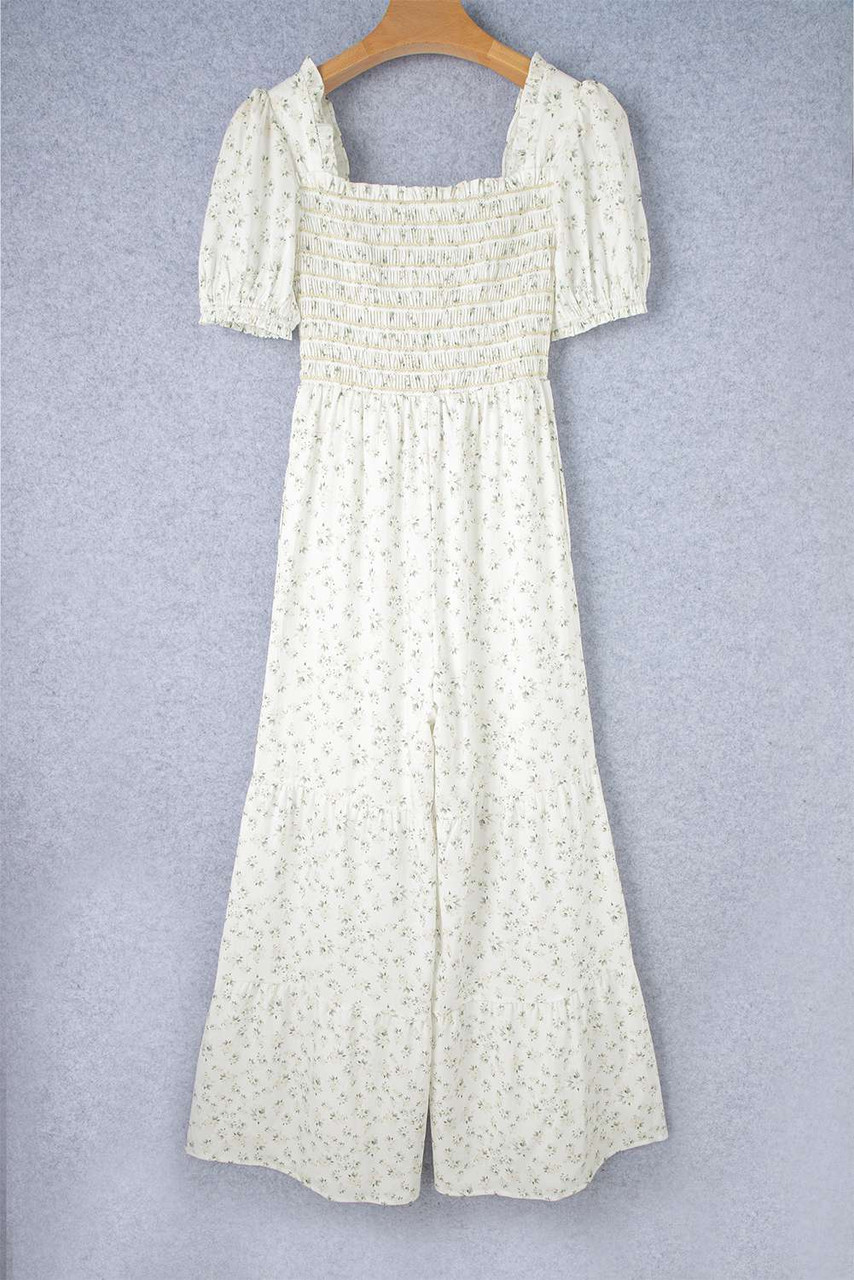 White Boho Floral Smocked Wide Leg Short Puff Sleeve Jumpsuit White Boho Floral Smocked Wide Leg Short Puff Sleeve Jumpsuit