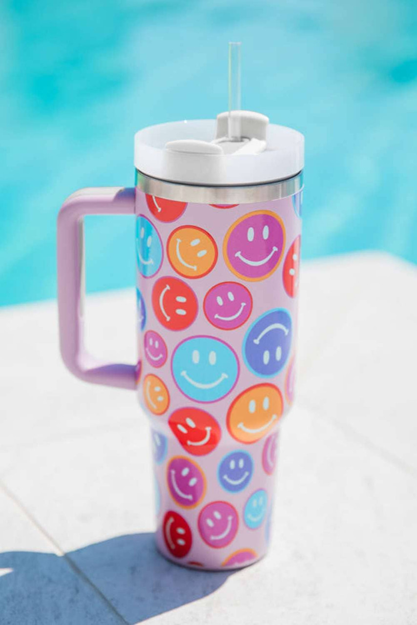 Fiery Red Rainbow Smiley Face Pattern Tumbler with Straw 40oz Fiery Red Rainbow Smiley Face Pattern Tumbler with Straw 40oz