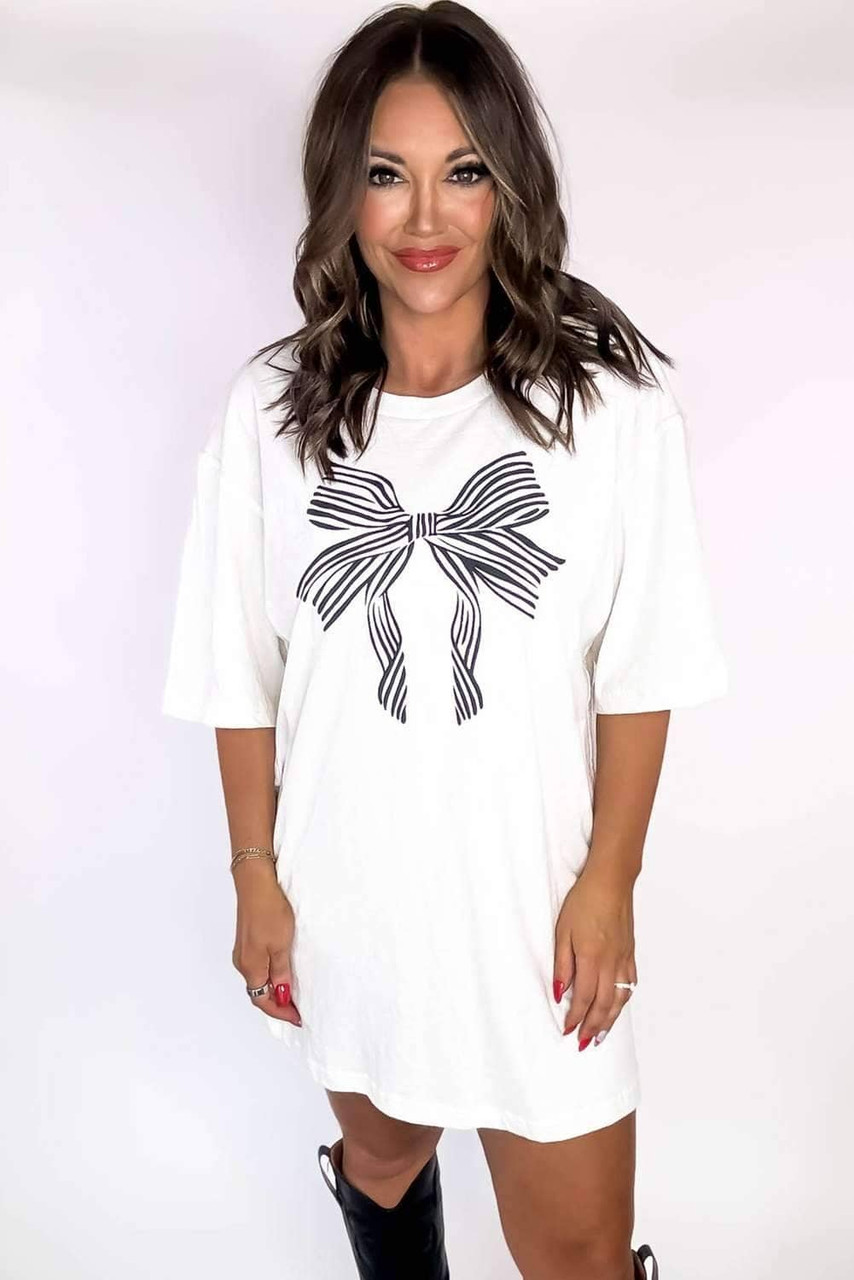 White Striped Bow Knot Half Sleeve Tunic T Shirt White Striped Bow Knot Half Sleeve Tunic T Shirt