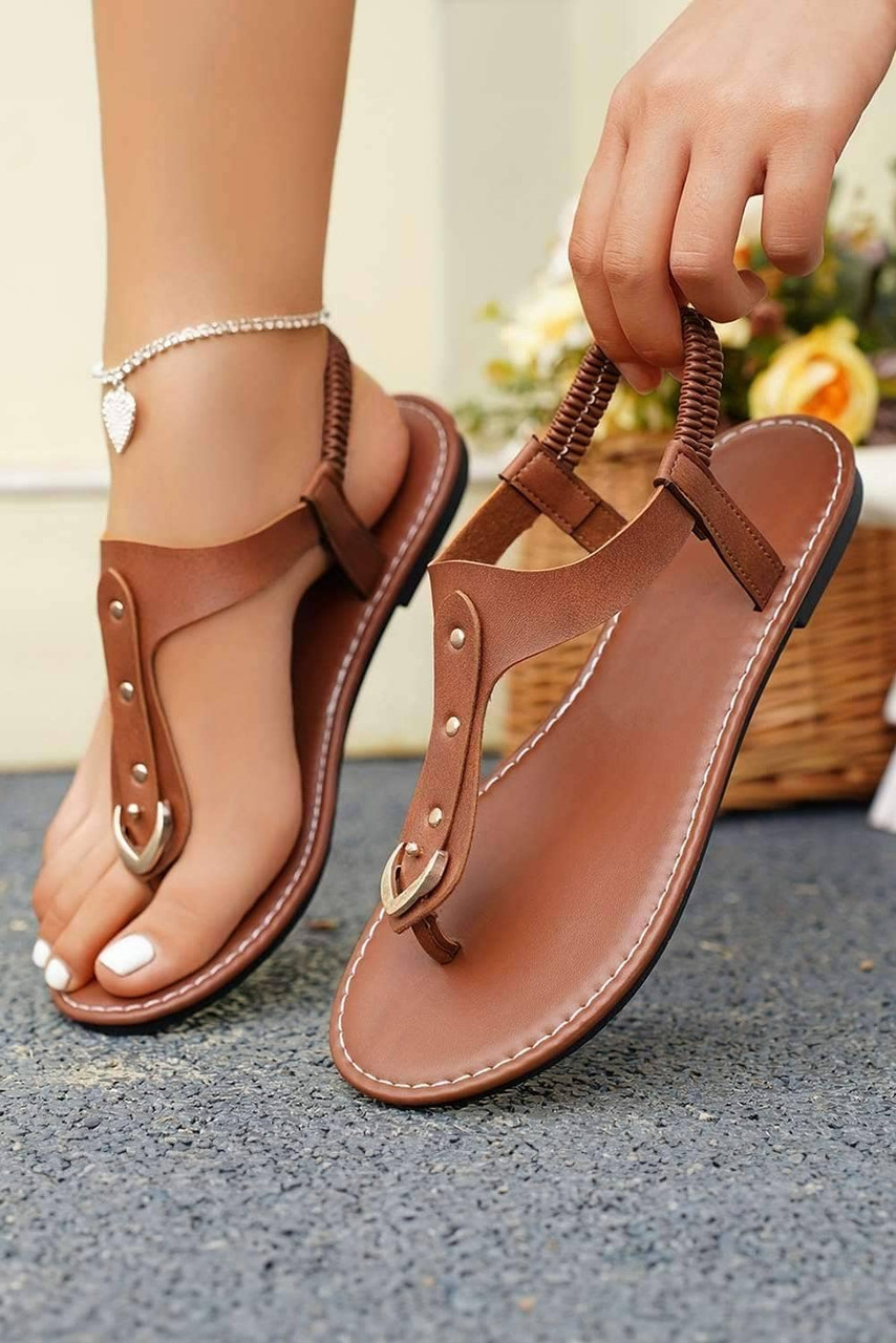 Chestnut Faux Leather Hollow Out Clip Toe Flat Sandals Chestnut Faux Leather Hollow Out Clip Toe Flat Sandals