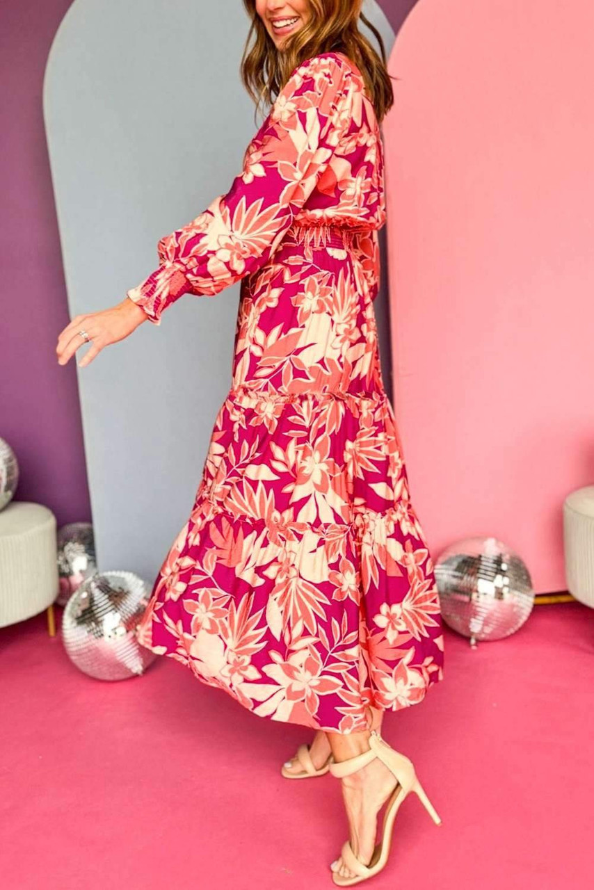 Rose Floral Print Buttoned Smocked High Waist Maxi Dress