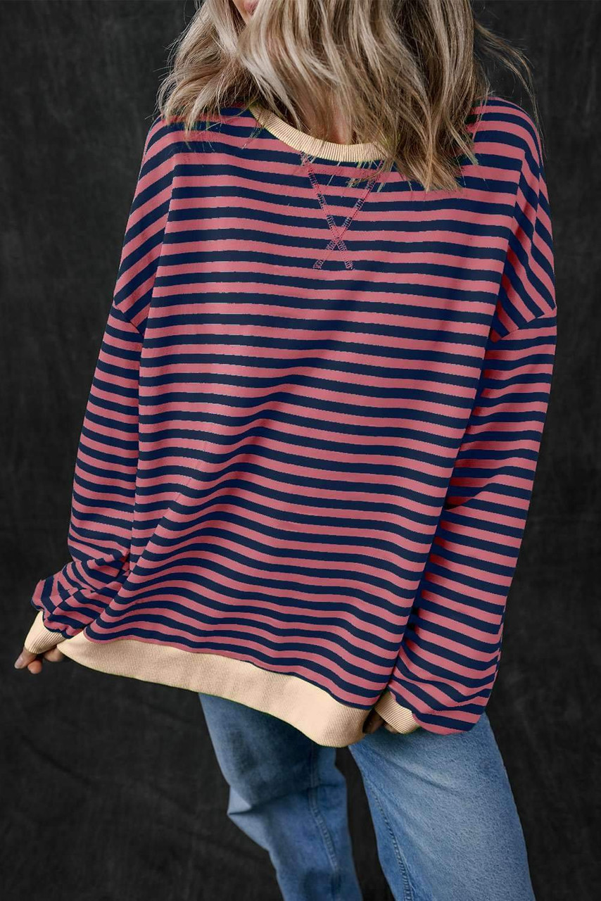 Red Stripe Oversized Contrast Trim Pullover Sweatshirt Red Stripe Oversized Contrast Trim Pullover Sweatshirt