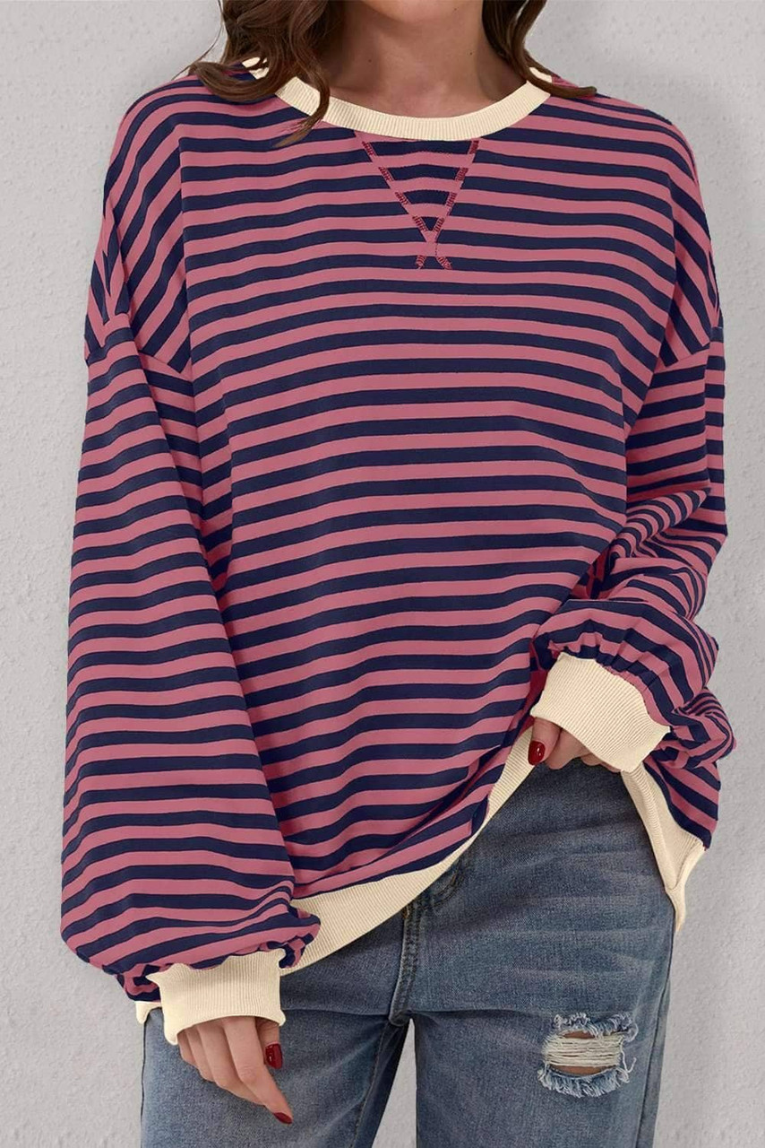 Red Stripe Oversized Contrast Trim Pullover Sweatshirt Red Stripe Oversized Contrast Trim Pullover Sweatshirt