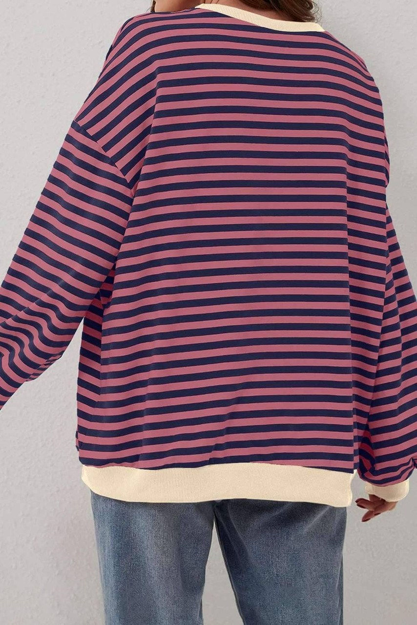 Red Stripe Oversized Contrast Trim Pullover Sweatshirt Red Stripe Oversized Contrast Trim Pullover Sweatshirt