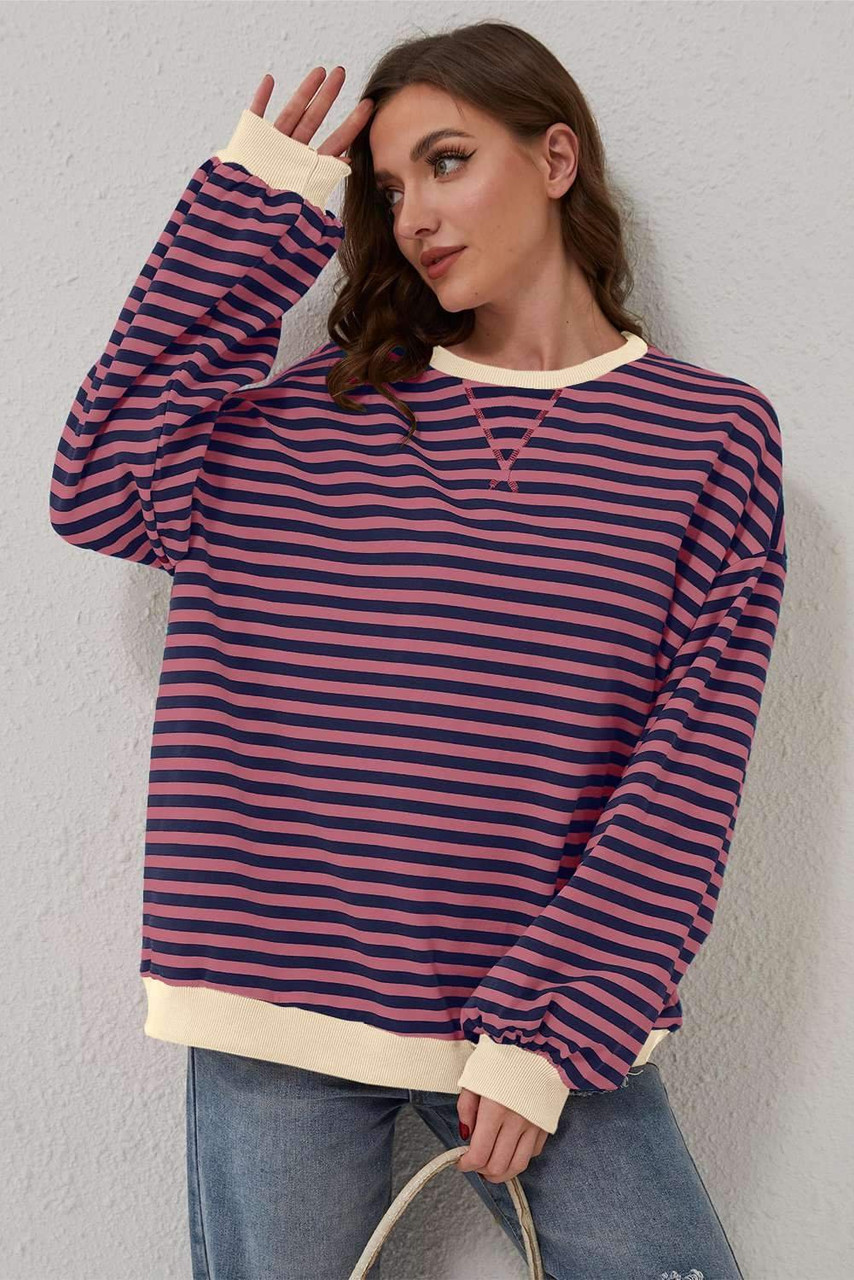 Red Stripe Oversized Contrast Trim Pullover Sweatshirt Red Stripe Oversized Contrast Trim Pullover Sweatshirt