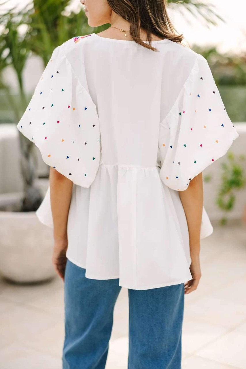 White Embroidered Puff Sleeve V Neck Blouse White Embroidered Puff Sleeve V Neck Blouse