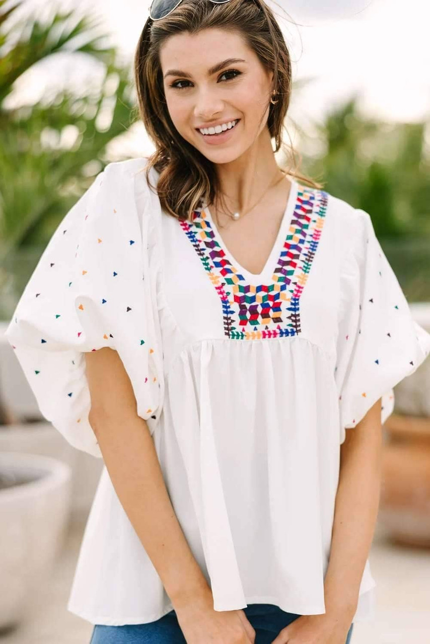 White Embroidered Puff Sleeve V Neck Blouse White Embroidered Puff Sleeve V Neck Blouse